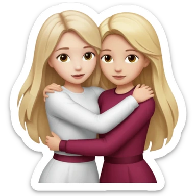 two girls who hug eachother. one has long dark blonde hair with blonde highlights and very pale skin , other has medium skintone and blush and medium blonde hair. girl with long dark blonde hair is wearing a white outfit and girl with blonde hair is wearing a burgundy outfit sticker