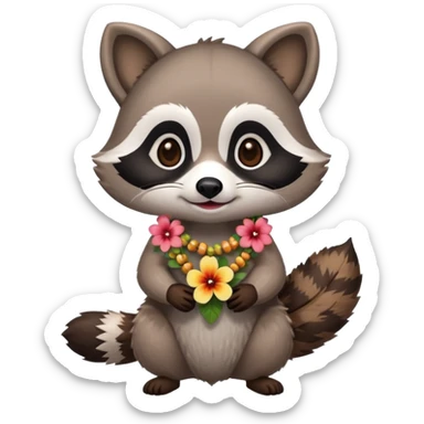 A cute chibi playful raccoon wearing a hawaiian flower necklace, looking festive. sticker