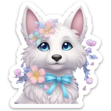 Anthro Cute Cool Pastel Kawaii gorgeous sparkly ethereal fantasy animal creature with blue eyes furry sona with flowers and ribbons beautiful aesthetic sticker