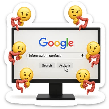 SCHERMO DI PC CON LA SCRITTA "informazioni confuse" SULLA BARRA DI RICERCA GOOGLE SULLO SCHERMO E IL CLICK DEL MOUSE SULLA SCRITTA CERCA, stile emoji iphone fluttuano in aria stringendo in mano un pezzo di colon intestinale, iperrealistico 4k sticker