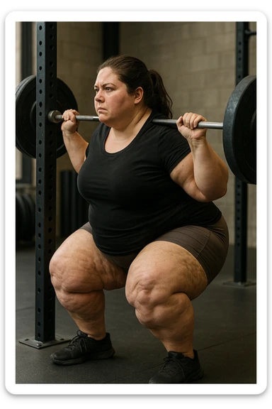 donna grassa con lipedema alle gambe che fa uno squat di profilo con bilanciere, IPERREALISTICA 4K sticker