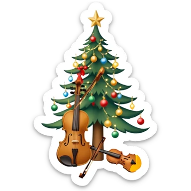 sapin de Noël décoré d'une guirlande lumineuse et de boules  avec un violon à la place du tronc et un petit singe perché au sommet en train de mettre l'étoile de Noël sticker