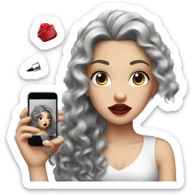 White girl, with curly long black hair, applying red lipstick sticker