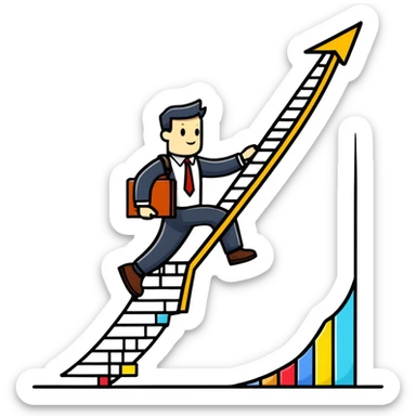 Happy entrepreneur climbing up a business chart graph with briefcase sticker