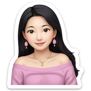 South Korean girl in her mid-thirties with long black hair and a middle part. She is wearing a baby pink, off the shoulder long sleeve knit sweater. She has small gold earrings and a gold necklace. She has brown eyes with narrow, mono lid shape and smiling with lips together sticker