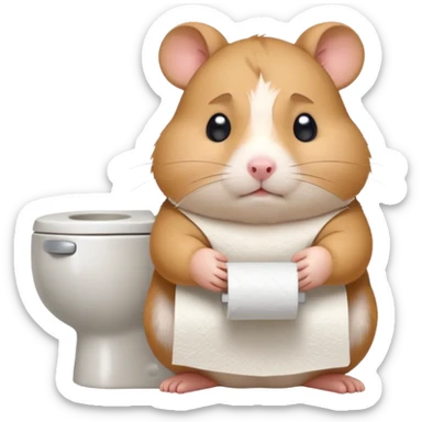 Cute chubby cartoon-style hamster holding toilet paper sitting on toilet looking as if he had an accident, sticker-style illustration sticker
