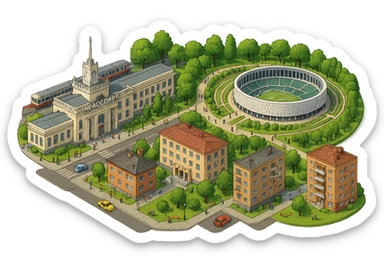 Изометричная миниатюрная фотореалистичная 3D модель панорамы Краснодара - вокзал Краснодар, КубГМУ, парк Краснодар со стадионом, краснодарские дома, автотранспорт четкие линии, яркие цвета, мультяшный реализм, люди, автотранспорт, компактная композиция, вид сверху в изометрии, прозрачный фон sticker