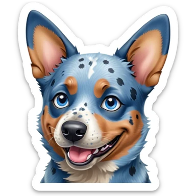 Cinematic Comical Blue Speckle Australian Cattle Dog Portrait Emoji, Head tilted dramatically with an exaggeratedly amused expression, featuring a striking blue speckle Fur with bold patterns, wide, expressive blue eyes filled with playful disbelief, Simplified yet hilariously expressive features, highly detailed, glowing with a slightly sassy glow, high shine, dramatic yet playful, stylized with an air of cheeky charm, bright and endearing, soft glowing outline, capturing the essence of a spirited and over-the-top herder, so meme-worthy it feels like it could side-eye its way into internet fame instantly! sticker