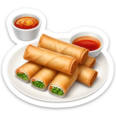 Spring Rolls Cinematic Realistic Spring Rolls Dish Emoji, depicted as 2 perfectly crisp spring rolls served with dipping sauce, rendered with lifelike textures and dynamic, appetizing lighting. sticker