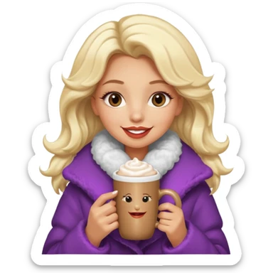 Tanned Girl with lashes , blonde hair, in an extremely big fluffy oversized coat and hold hot chocolate drink and half moon eyes , big lip sticker