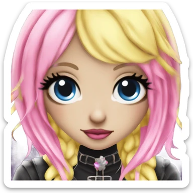 Blue eyed long eye lashes blonde and pink hair pale hime gyaru girl, hot pink and yellow split-dyed hair, nose ring, elf ears, dark makeup, punk clothes sticker