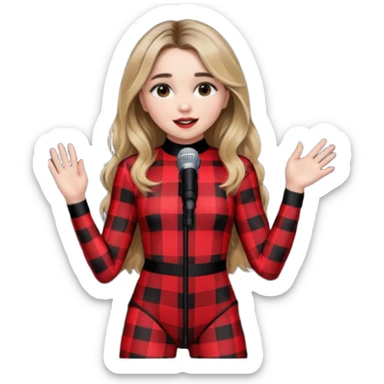 Sabrina carpenter singing at concert wearing a black and red plaid bodysuit sticker