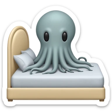 Minimalist emoji-style sticker of a bed with a covered figure and something strange peeking out from underneath. Grayscale only, simple icon.

 sticker