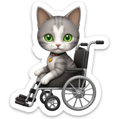 full body small short hair dark grey and white cat with green eyes walking in a wheelchair for cats sticker