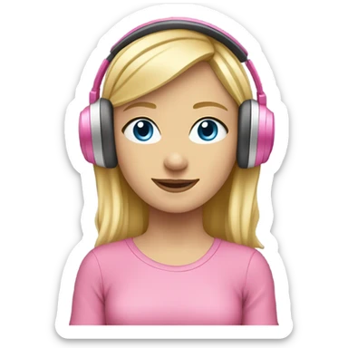 blonde hair blue eyed girl with pink headphones and computer sticker