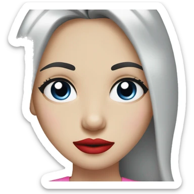 A girl with pale skin, long straight black hair parted in the middle and blue eyes with long eyelashes, bright red lips, wearing a pink shirt  sticker