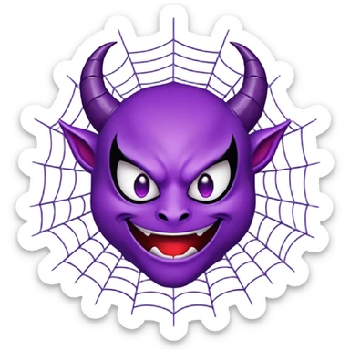 An exact purple smiling devil emoji (😈) inside the exact spider web emoji (🕸️). The purple devil must be pixel-perfect, identical to the official Unicode emoji style — no changes in its face, horns, expression, eyes, or mouth. No modifications, accessories, artistic style changes, or reinterpretation. No bowtie, no color shifts, no extra glow, no background. Just the standard devil emoji placed exactly in the center of the spider web emoji. Both emojis must appear exactly as they do on Apple/Google. Flat, 2D, minimal style. sticker