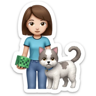 A grey cat standing on the back of a white bichon frisør dog, with a girl with short brown hair sitting beside playing Minecraft sticker