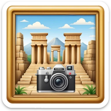 Icon for Historical and Cultural Tourism: iconic landmarks like ancient ruins, a museum and a historical monument, with a travel guidebook and camera. The icon should capture the exploration of history and culture. Transparent background. sticker