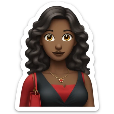 A woman with long wavy dark brown hair,fair skin and blue eyes,in a black dress holding a red birkin bag sticker