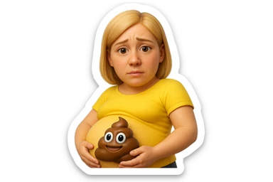 emoji stile iphone di una donna con pancia gonfia piena di cacche con gli occhi, iperrealistico 4k sticker