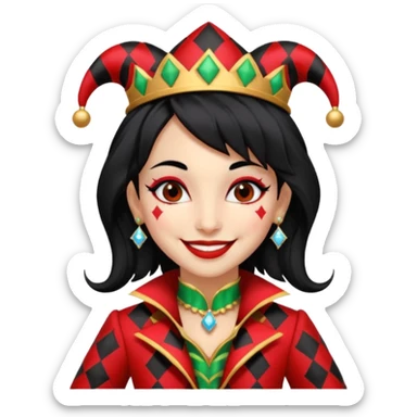 Jester girl, black and red suit, black hair, harley quinn sticker