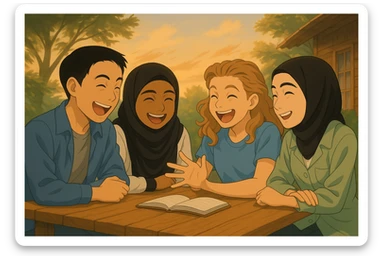 Edit the image to keep the same characters, colors, and style exactly as the original, but change their expressions so that all are laughing heartily with joyful expressions. The wind is blowing the trees in the background, and the pages of the book on the table are moving slightly. The characters must be identical in every detail to the original, only their expressions change. sticker