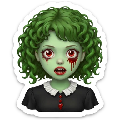Green zombie emoji girl with curly Brown hair, with curly bangs, wearing a black bluse, blood Just in the tongue  sticker
