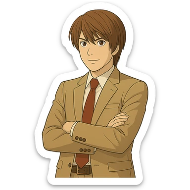 Create an exact Light Yagami in Ghibli style, standing with arms crossed, wearing the same suit, and showing the same confident expression. Match the face, hair, and suit details exactly to the reference image. Transparent background. sticker