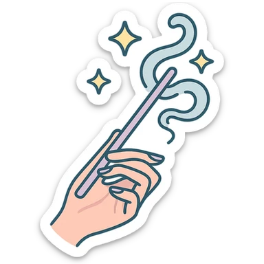 Elegant female hand with almond-shaped nails holding a magic wand, stars and light smoke flying out of the wand, Chinese Eastern style, thin clean contours, soft rounded shapes, pastel palette #98B5BC, #B5B3C1, #C9A3C9, #E4C0CA, #F7DCD1, #F7C0AA, detailed shadows and highlights, soft lighting, transparent background, no decorative elements. sticker