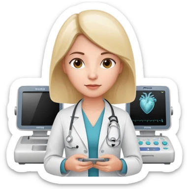 Cardiac sonographer with Philips ultrasound machine sticker