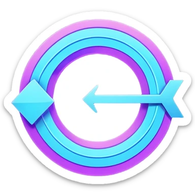 Futuristic retry arrow: an open curved neon arrow forming almost a circle but leaving a gap, clear restart motion. Glowing blue and violet Virtuosa colors, soft Ovi-like floating shape, playful high-tech style, luminous semi-matte texture. No text. Full background.
 sticker