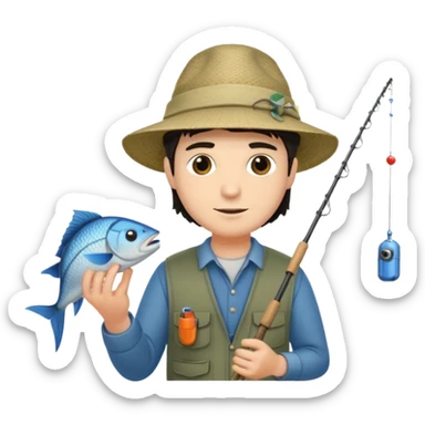 GRANJERO PIEL CLARA Y PELO OSCURO  CON CAÑA DE PESCAR Y UN PESCADO EN LA CAÑA QUE SEA HOMBRE sticker