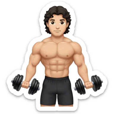 caucasian black haired wavy gym guy with dumbells sticker