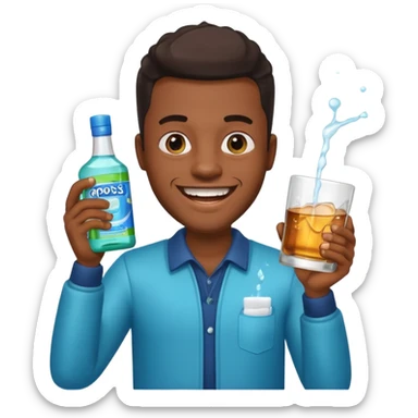 Black man with sparkling teeth, holding mouthwash and whiskey, cheerful expression, emoji style sticker