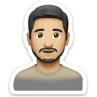 A head and shoulders shot of a 35 year old Asian man, with short black hair, with trimmed beard facial hair,   with brown eyes wearing a t-shirt. sticker