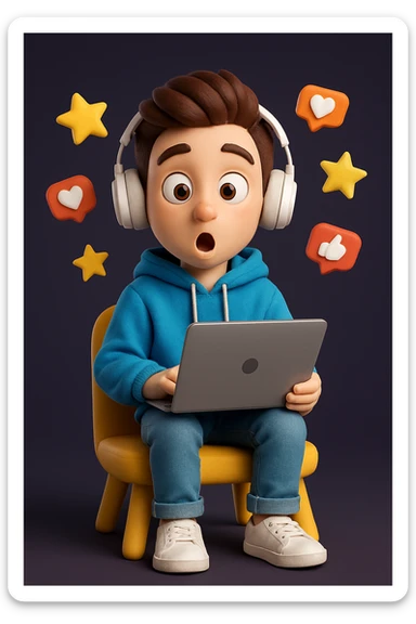 Create a detailed Generation Z character in a cartoonish 3D style with a surprised expression, wearing a blue hoodie, sitting on a yellow chair, holding a laptop and surrounded by floating icons of stars, likes and hearts.
The character should have stylised brown hair, large expressive eyes, white on-ear headphones and a soft, expressive Pixar-style look.
Depict the character in full, centred in the frame, with even studio lighting, soft shadows and a clean dark purple background for contrast. sticker