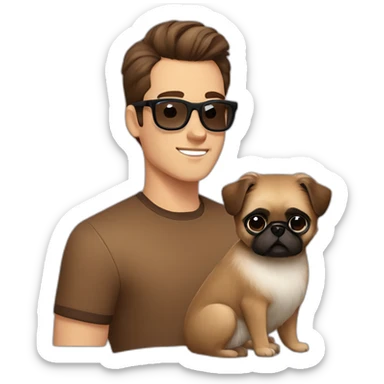 Young man with brown pompadour and dark glasses and brown hair with Pekingese dog sticker