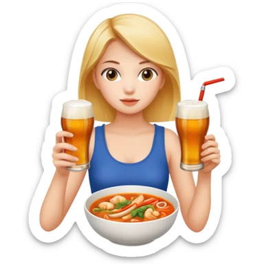 a young woman full length wathing series with a bottle of beer and tom yum  sticker