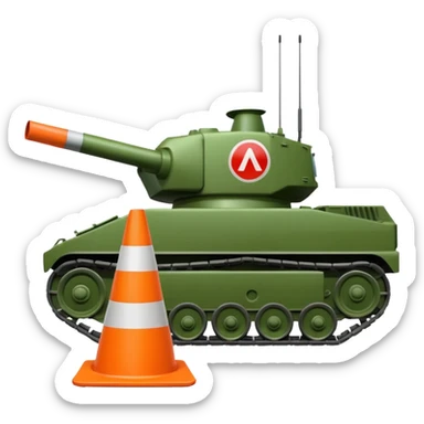 green military tank crushing a traffic cone with a sad face directly underneath its treads, emoji style sticker
