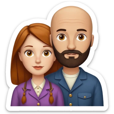 Couple. Bald man with dark brown-black beard. White woman with many small, faded freckles, she has white skin and she has auburn-yellow-brown-cinnamon, dark long hair. She has light brown eyes. The man have hazel eyes. Retro style. sticker