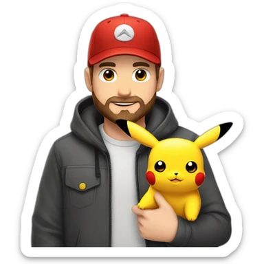 white man with brown hair and beard and a red cap, holding and a pikachu pokemon sticker