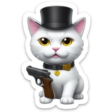 gay white cat with mustache angry pointing realistic toy gun a sticker