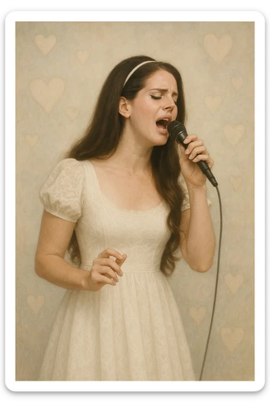 Lana Del Rey in a white dress, mid-performance, singing passionately into a microphone, subtle heart-shaped motifs in the background, ethereal and vintage style, gentle color palette sticker