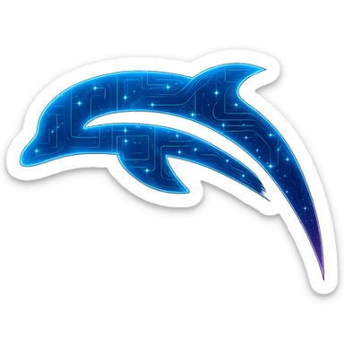 Transform the Dolphin emulator logo into a cyberpunk, holographic style with glowing neon blue and pink edges and intricate circuit patterns throughout the entire logo. Maintain the recognizable dolphin outline but make the logo more solid and filled in, not overly transparent. Overlay neon and circuit effects in a consistent futuristic, clean cyberpunk glow style with intricate circuit details. The background should be transparent. sticker