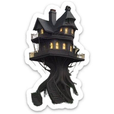 Fantastic haunted Addams tree house in an overgrown hotel on a hill  sticker