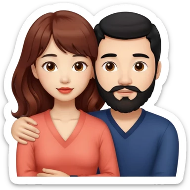 handsome mixed white asian man with black hair and beard, hugging cute tan skin woman with long wavy reddish brown hair with bangs and coral lipstick sticker