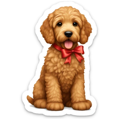 Ginger golden doodle. Baby. Full body sitting down. Red ribbon  sticker