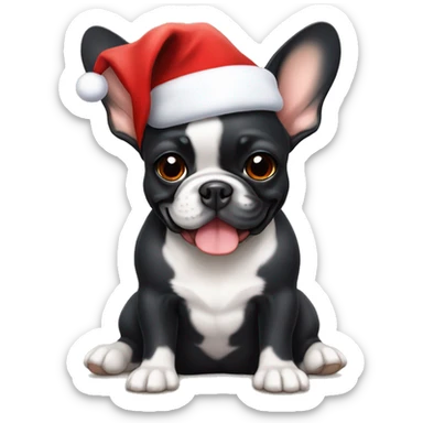 A small, black-and-tan French bulldog with a mostly black face and tan paws, wearing a classic red and white Santa hat, sitting happily with its tongue slightly out. sticker