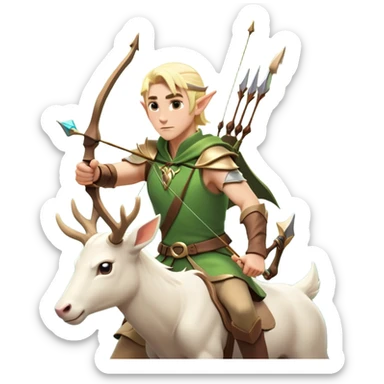 clash-of-clans-aesthetic-blond-male elf-archer-portrait-emoji, rendered in a flat, vector-style with minimal shading and bold holding his bow, simplified shapes, head tilted slightly forward with a determined, focused expression, riding a majestic white stag whose antlers glow with mystical energy, set against an ancient, enchanted forest backdrop. sticker